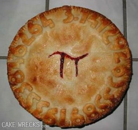 A pie with the symbol for the Greek letter pi in it with the value of pi decorated around the circumference in raised pastry.